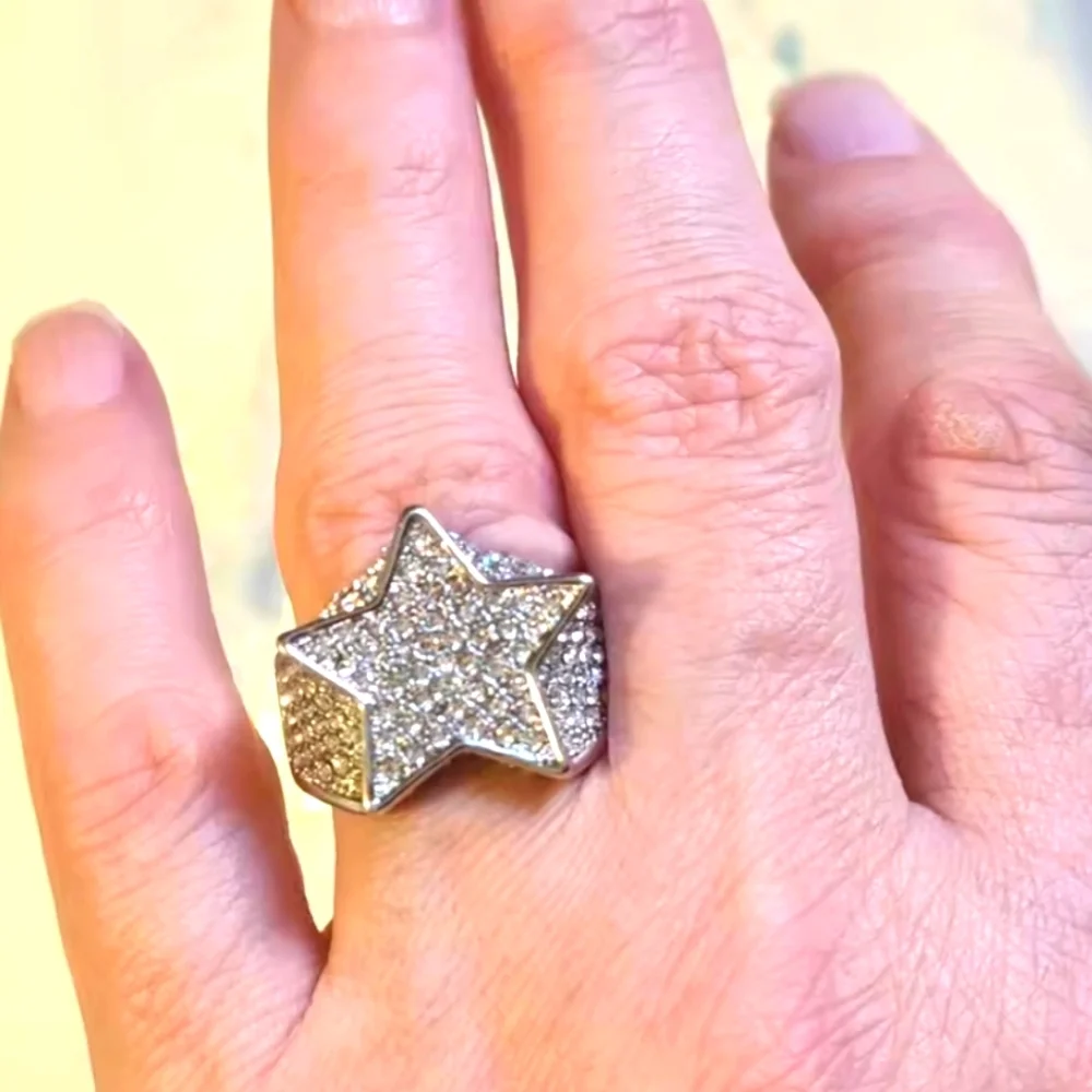 Unisex Blinged Out Silver Geometric Star Ring Sz 10